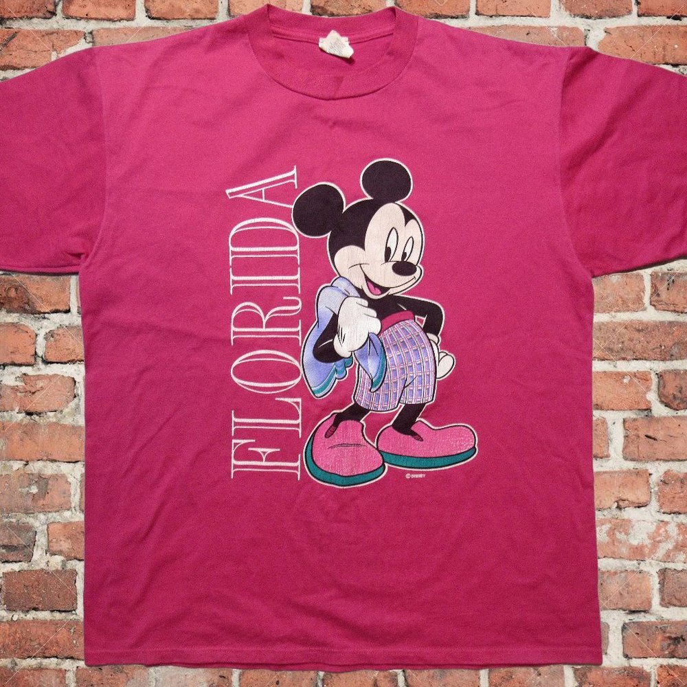 Vintage Mickey Mouse Disney Florida Neon Pink 50/50 Beach L/XL T-Shirt USA 80s